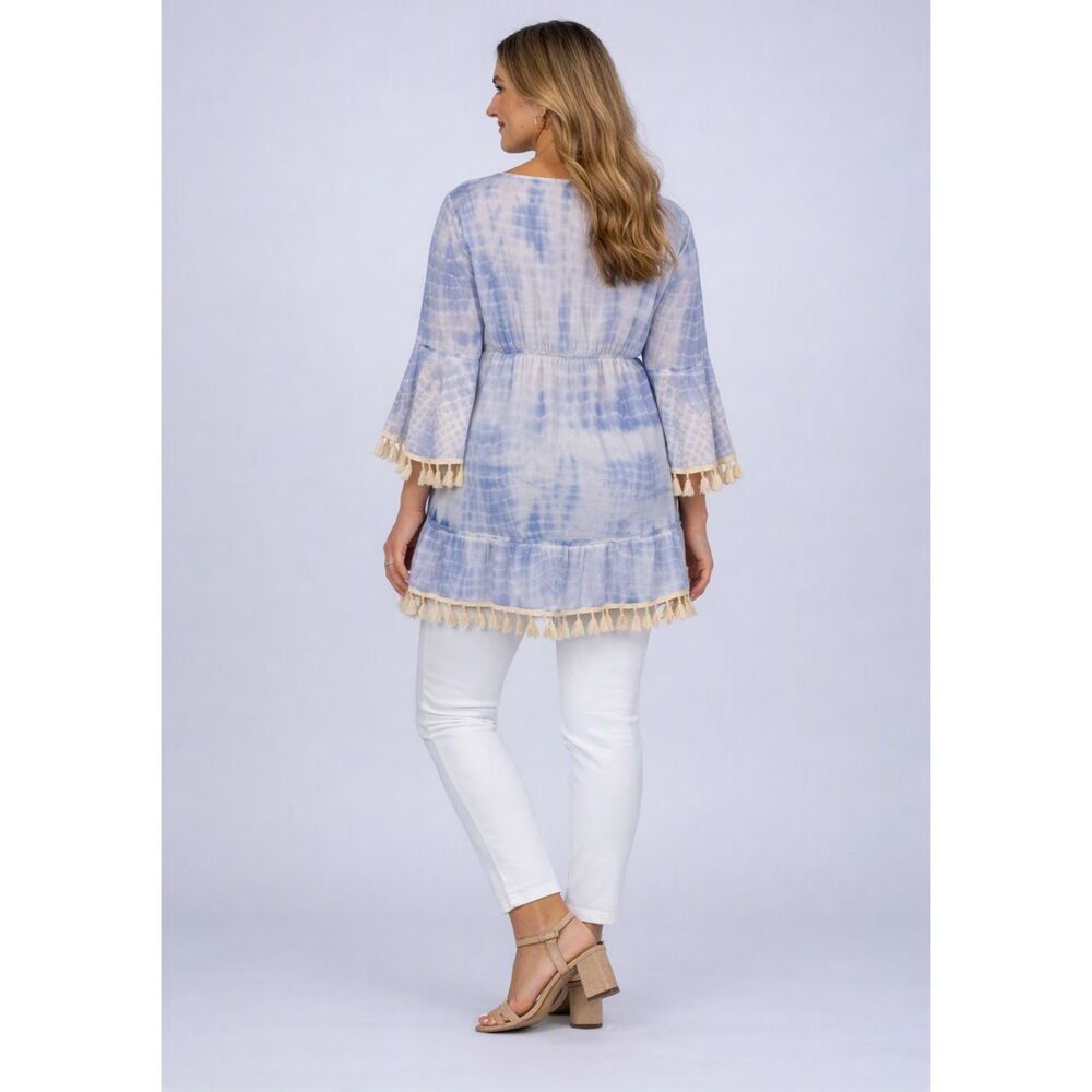 Sacred Threads Blue Boho Tassel Tunic Tie‑Dye Coastal Style Size L/XL - Picture 2 of 3